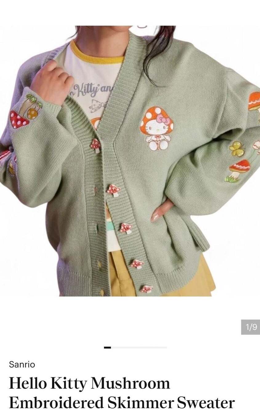 Hot Topic Hello Kitty Mushroom Embroidered Cardigan Sweater Size XL